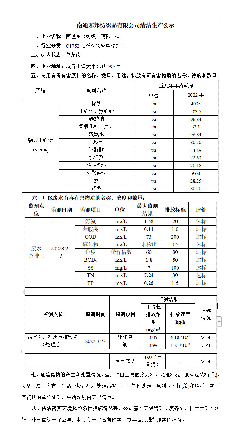 南通東邦紡織品有限公司清潔生產(chǎn)公示